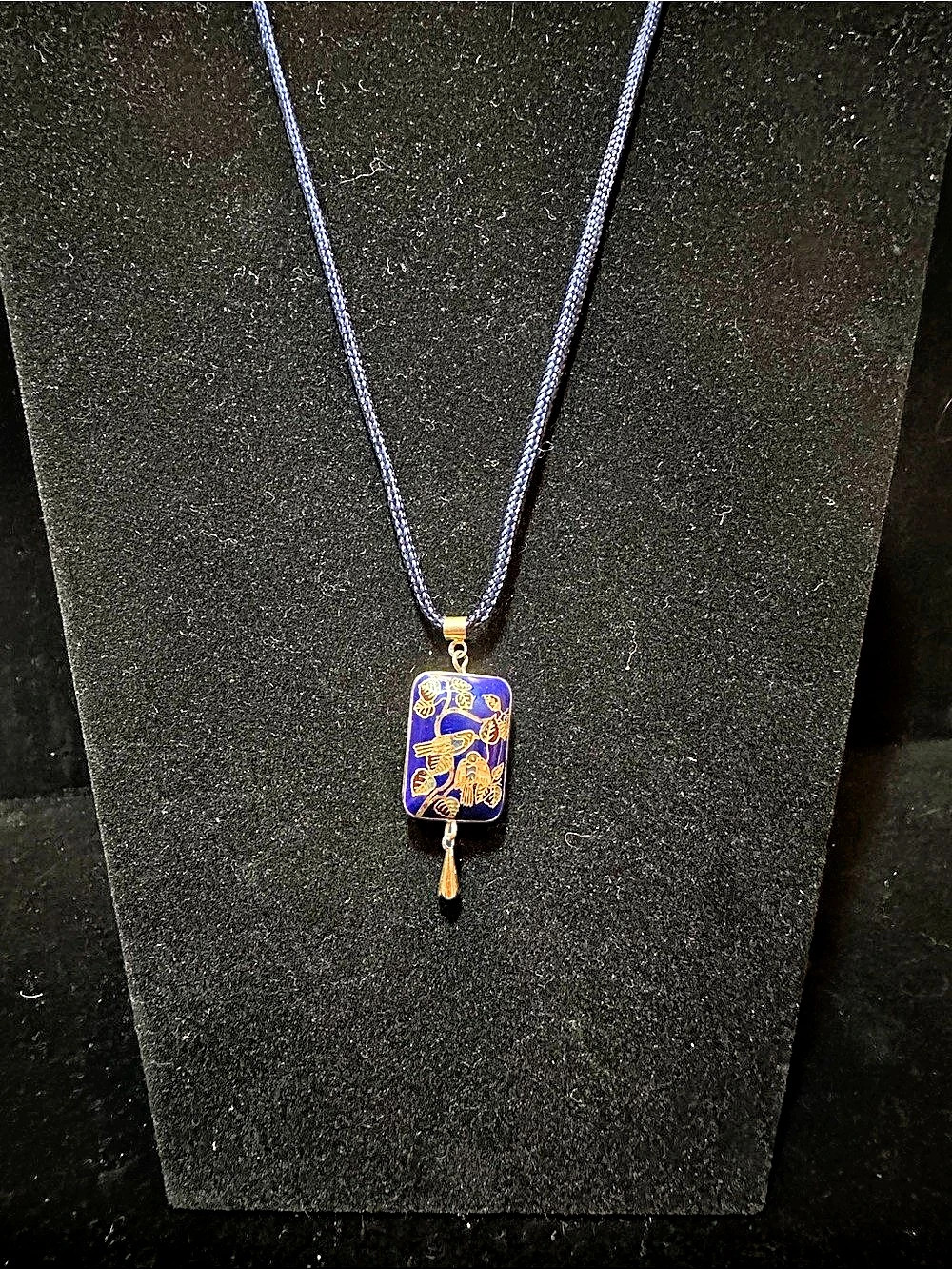 Vintage Chinese Export Double Sided Puffy Cloisonne Bird Necklace Blue Cord